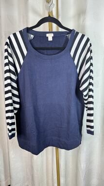 J Crew Mixed Media Striped Long Sleeve Navy Blue Sweatshirt, Size L